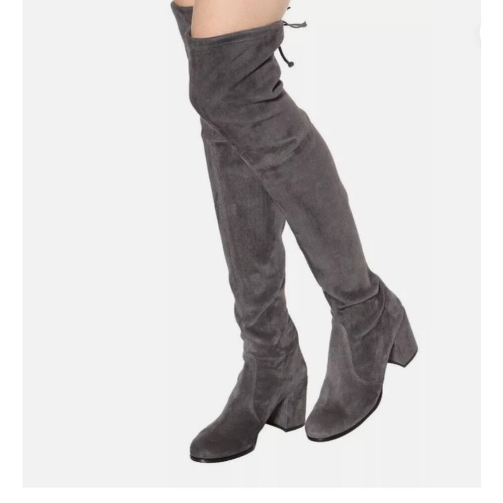 Stuart Weitzman Over The Knee Boots Sz 7M GRAY Leather SUEDE Pullon TIELAND $980